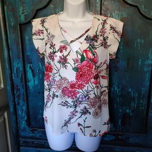 Floral pink on off-white blouse